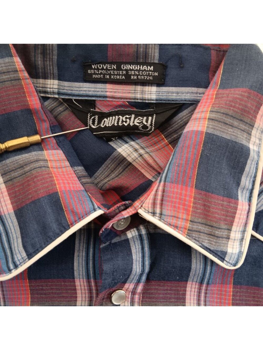 Vintage Cowboy Shirt XL Western Plaid Snap Red & Blue Gingham Thin 80s